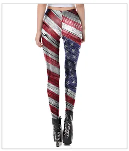 Close-up of high-waist leggings featuring vintage USA flag and wood grain texture print