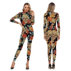 Women Halloween Day Of The Dead Sugar Skull Rose Print Bodysuit Long Sleeve Mock Neck Slim Fit Jumpsuit Party Cosplay Costume