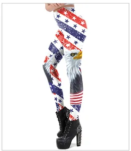 Detail of high-waisted leggings with American flag print and bald eagle motif