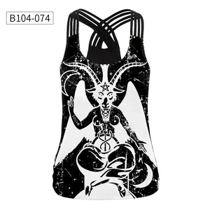 Detail of 3D Baphomet print on black cross back halter top with vintage distressed finish