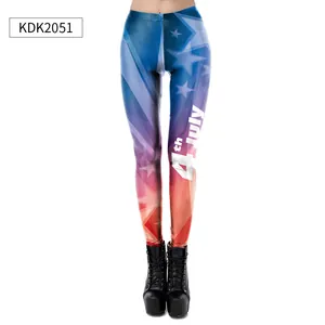 Close-up of Fourth of July stars and stripes print leggings with high-waist stretch fit