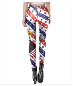 Detailed back view of American flag leggings featuring a bald eagle and vintage stripes
