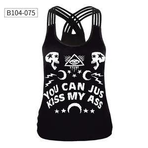 Detail view of black crisscross back tank top with occult 3D print and graphic text
