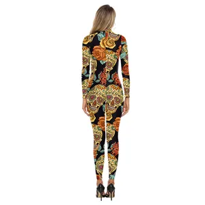 Back view of long sleeve bodysuit featuring Day of the Dead sugar skull and rose 3D print