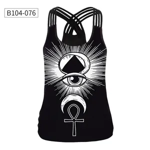 Detail of cross-back straps and mystic 3D printed symbols on black women tank top
