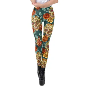 Leggings taille haute Halloween avec imprimé 3D de crânes en sucre et fleurs pour yoga