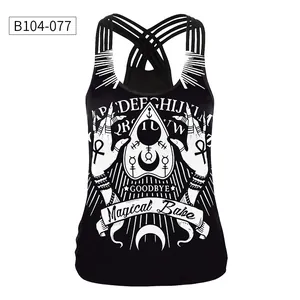 Detail of cross strappy back design and 3D floral digital print on black tank top