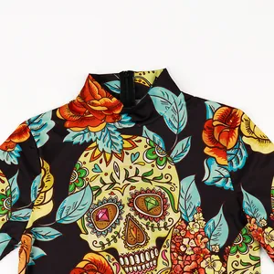 3D printed high neck bodysuit with Mexican Day of the Dead skull and floral patterns