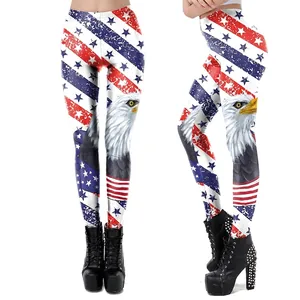 Women American Independence Day Leggings Bald Eagle Flag Print High Waist Polyester Spandex Slim Fit Patriotic Stretchy Pants