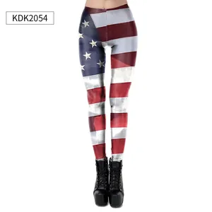 Detailed close-up of American flag printed leggings with red stripes and star patterns