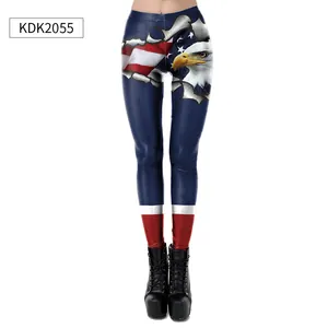 Detail of USA flag and eagle print on slim-fit high-stretch shiny leggings for women