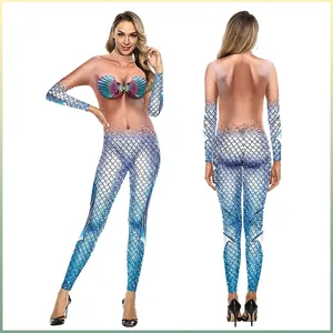 Damen Meerjungfrau 3D Digitaldruck Jumpsuit Polyester Elasthan Langarm Stehkragen Cosplay Bodysuit Halloween Party Kostüm