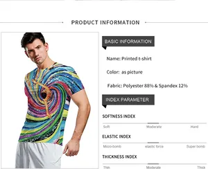 Detail van abstract t-shirt met grafische print en stofinfo 88% polyester 12% spandex