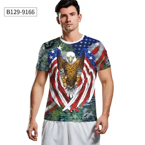 Close-up of bald eagle and American flag print on white short sleeve T-shirt