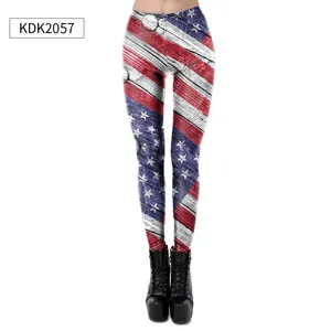 Detail of slim-fit leggings with vintage American flag and wood grain print design
