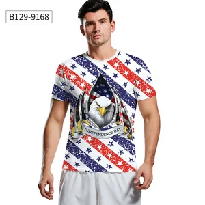 Detailed view of Independence Day t-shirt featuring eagle print and American flag pattern