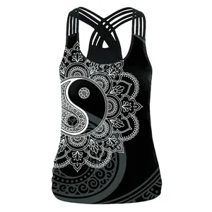 Women Gothic 3D Digital Print Tank Top Cross Back Strappy Camisole Slim Fit Sleeveless Streetwear Occult Mandala Vest