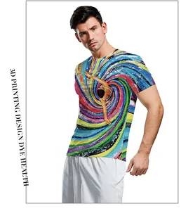 Detail van de kleurrijke 3D-spiraalprint en abstract sportpatroon op een heren t-shirt