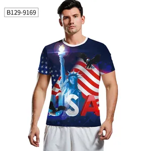 Detail of USA patriotic 3D print t-shirt featuring eagle and statue of liberty motifs