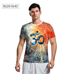 Detail van heren T-shirt met kleurrijke 3D-mandala print en heilig Om-symbool decor