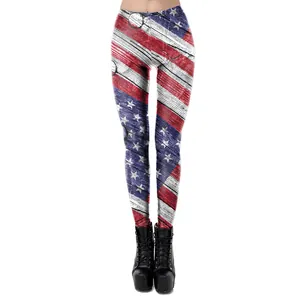 Women American Flag Printed Leggings Vintage Wood Grain Stars Stripes High Waist Slim Fit Leggings For Independence Day Party