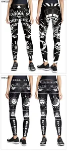 Detail of high-waist yoga leggings with mystic sun moon and skull print patterns