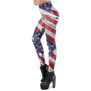 Women's American flag leggings with wood grain texture and star stripes pattern