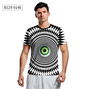 Detail van wit heren T-shirt met een groen 3D-oog en abstract geometrisch patroon