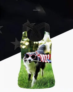 Detail of cross-back straps and patriotic border collie print on a slim women vest