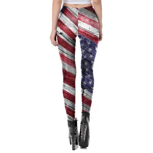 Slim fit women's leggings with vintage American flag print and retro wood texture style