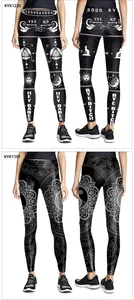 Detailed comparison of high-waist yoga leggings with mystic symbols and mandala prints