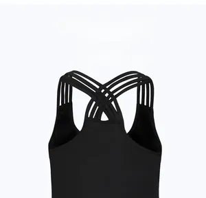 Close-up of black slimming tank top with crisscross multi-strap back design
