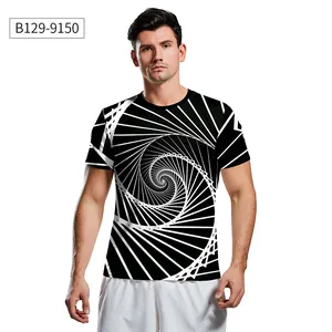 Detail van de 3D-spiraalprint op het zwarte heren t-shirt met korte mouwen