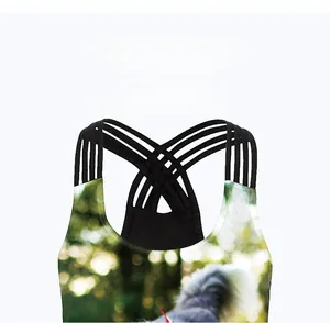 Detail showing cross beautiful shoulder strap design and 3D digital dog print on the vest