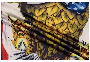 Close-up of digital eagle claw and flag print on smooth polyester fabric texture