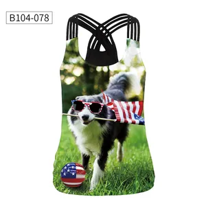 Detail of cross-back straps and patriotic Border Collie print on women's slim tank top