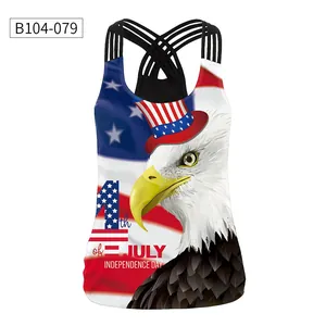 Detail of cross-back straps and bald eagle print on black July 4th tank top