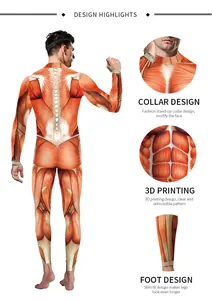 Detail view of 3D anatomical muscle print bodysuit with high neck and long sleeves