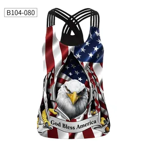 Detail of racerback tank top featuring patriotic American flag and bald eagle print
