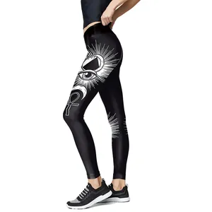 Women black high-waisted yoga leggings featuring white mystical symbols and totems