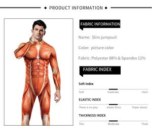 Detail view of the slim jumpsuit showing 3D muscle anatomy print and fabric specs