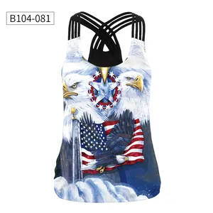 Detail of cross-back straps on women tank top with eagle and US flag print