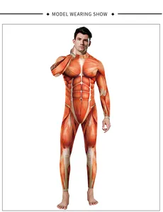 Detail of 3D human muscle anatomy print on elastic long-sleeve bodysuit for stage show