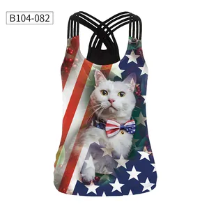 Detailed back view of a strappy cross-back tank top with patriotic cat digital print