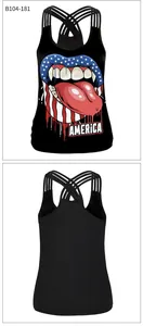 Detail of the racerback tank top with crisscross straps and American flag lip print