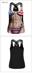 Detail of slim fit tank top with USA flag bikini print, rose tattoo, and strappy back