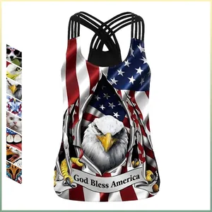 Women Independence Day Tank Top Patriotic US Flag Bald Eagle Print Criss Cross Strappy Back Slim Fit Sleeveless Cami Top