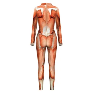 3D human muscle anatomy print bodysuit with long sleeves and back zipper closure