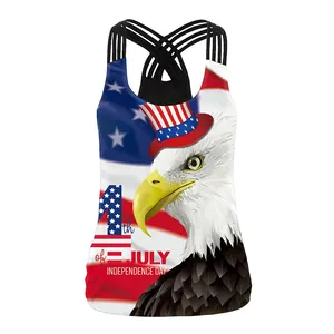 Women's 4th of July tank top with bald eagle print and crisscross strappy open back design