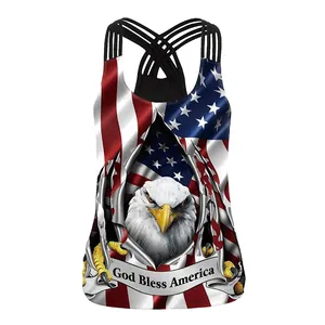 Slim fit women's tank top with eagle and US flag print, crisscross straps design